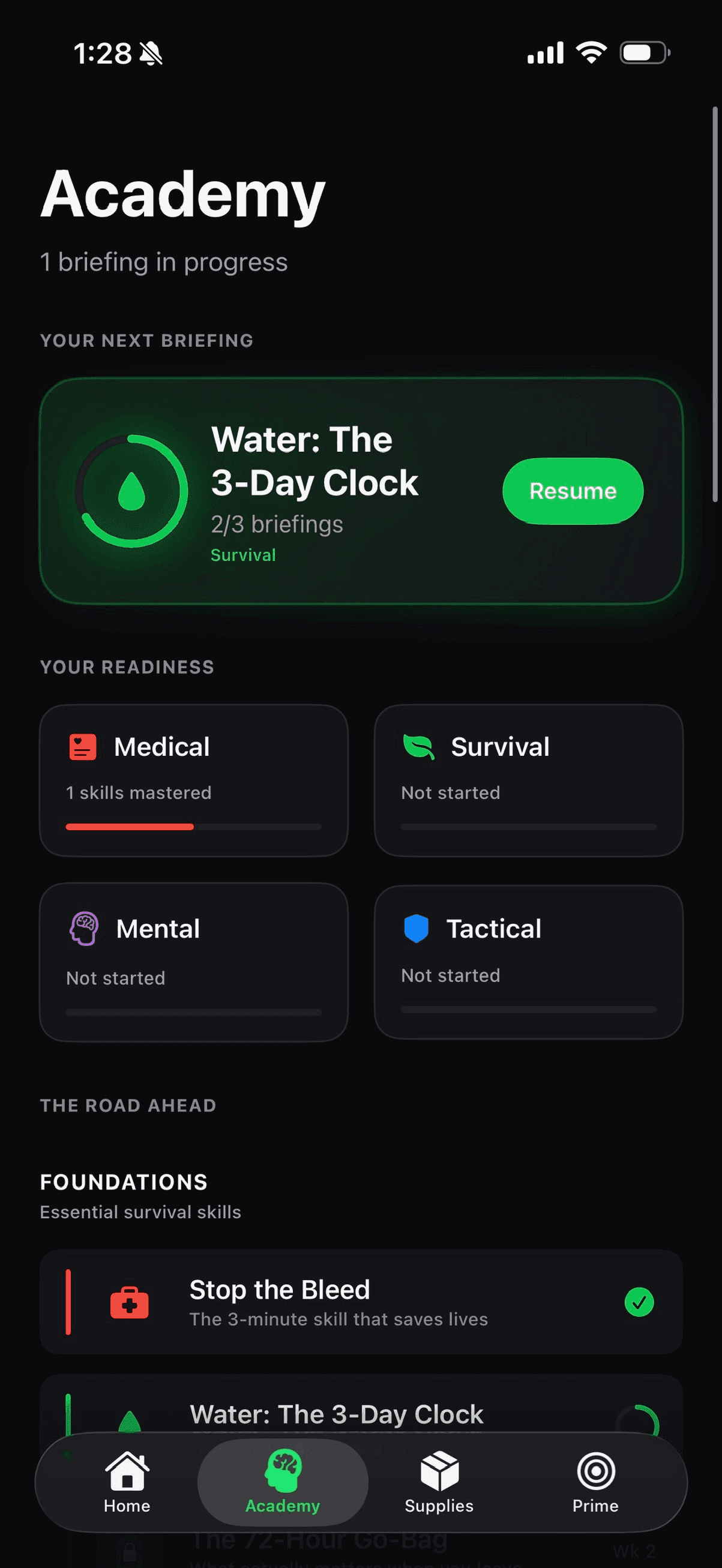 Primed Academy showing skill training modules — Stop the Bleed completed, Water: The 3-Day Clock in progress, with Medical, Survival, Mental, and Tactical readiness domains