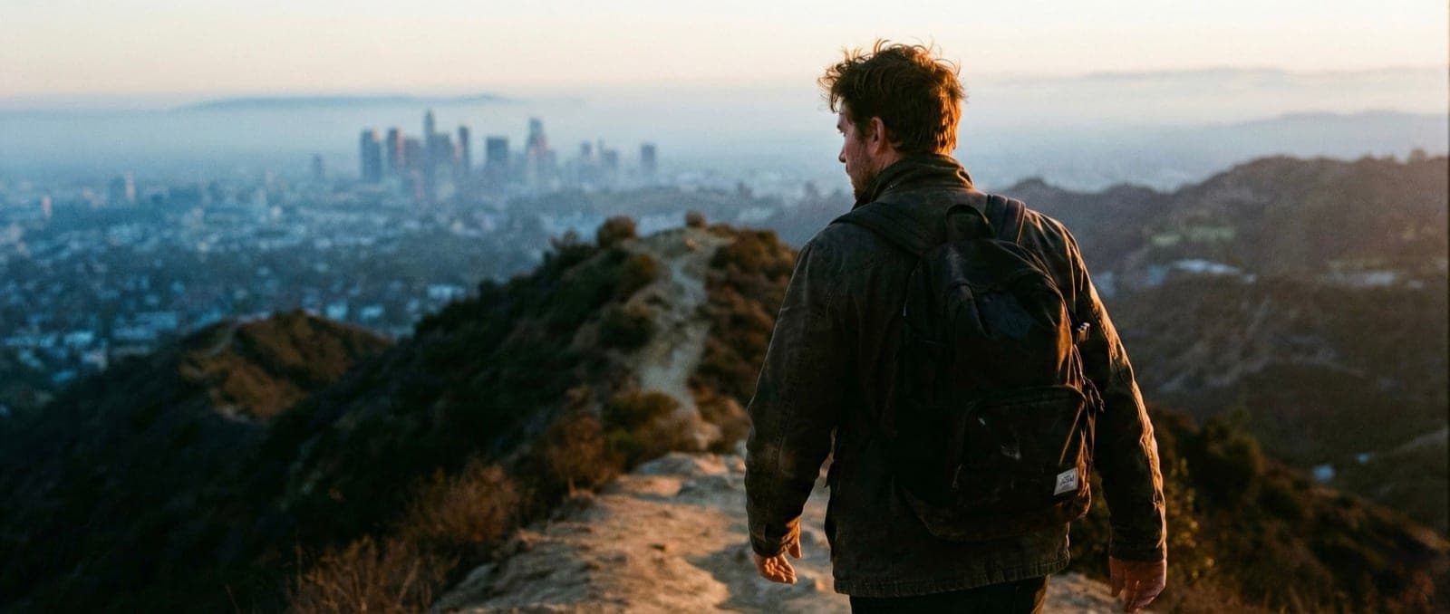 A person walking a ridgeline at dawn overlooking a city in the valley below