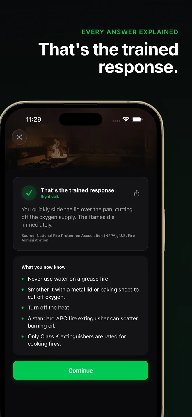 Post-decision reveal showing the trained response with sources